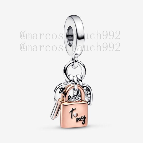 Pandora Two-tone Key, Padlock & Heart Triple Dangle Charm - Picture 1 of 6